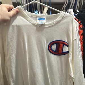 Champion Long Sleeve Tee - White with Red and Blue Logo